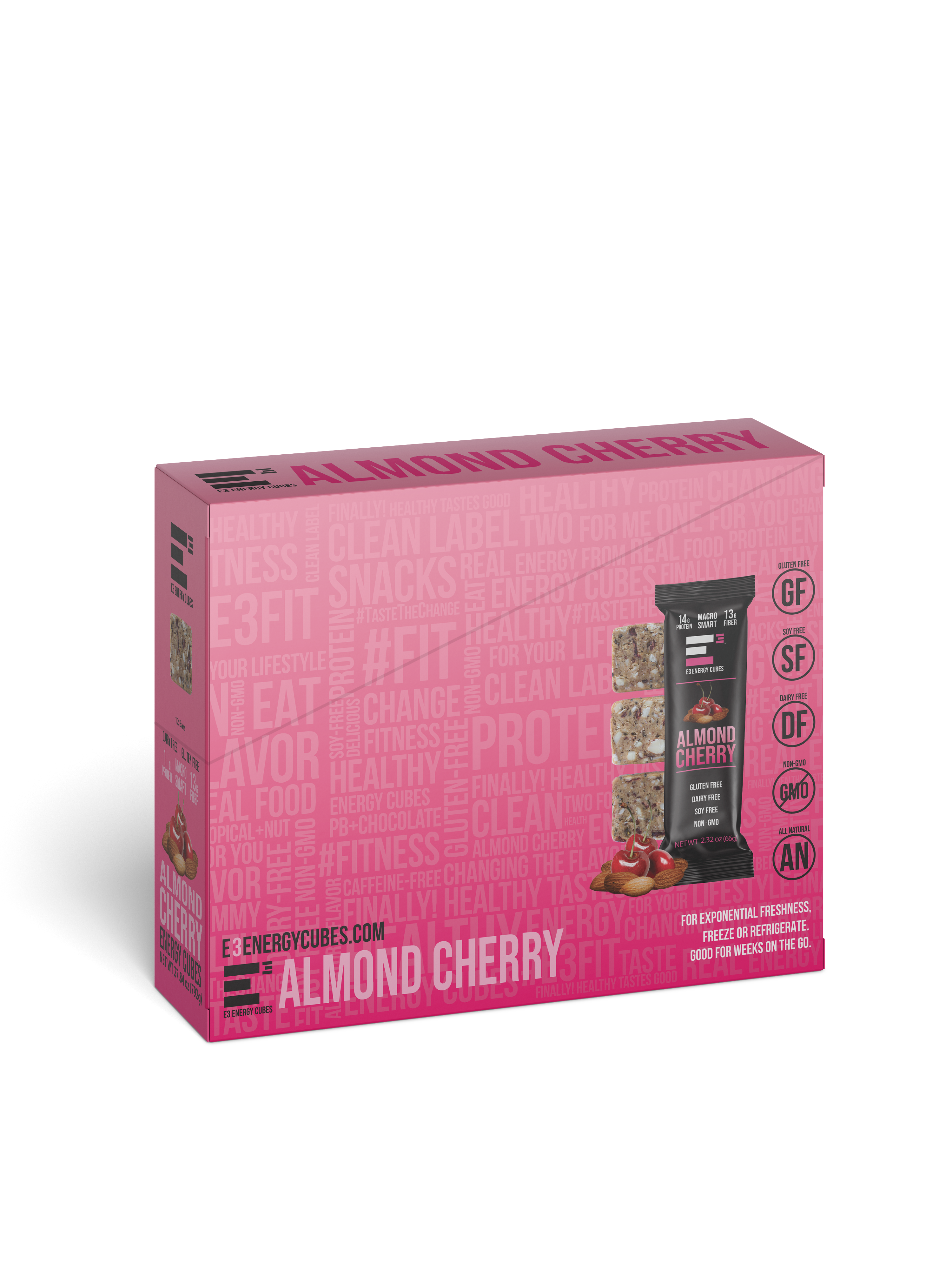 Almond Cherry E3 Protein bar box pink