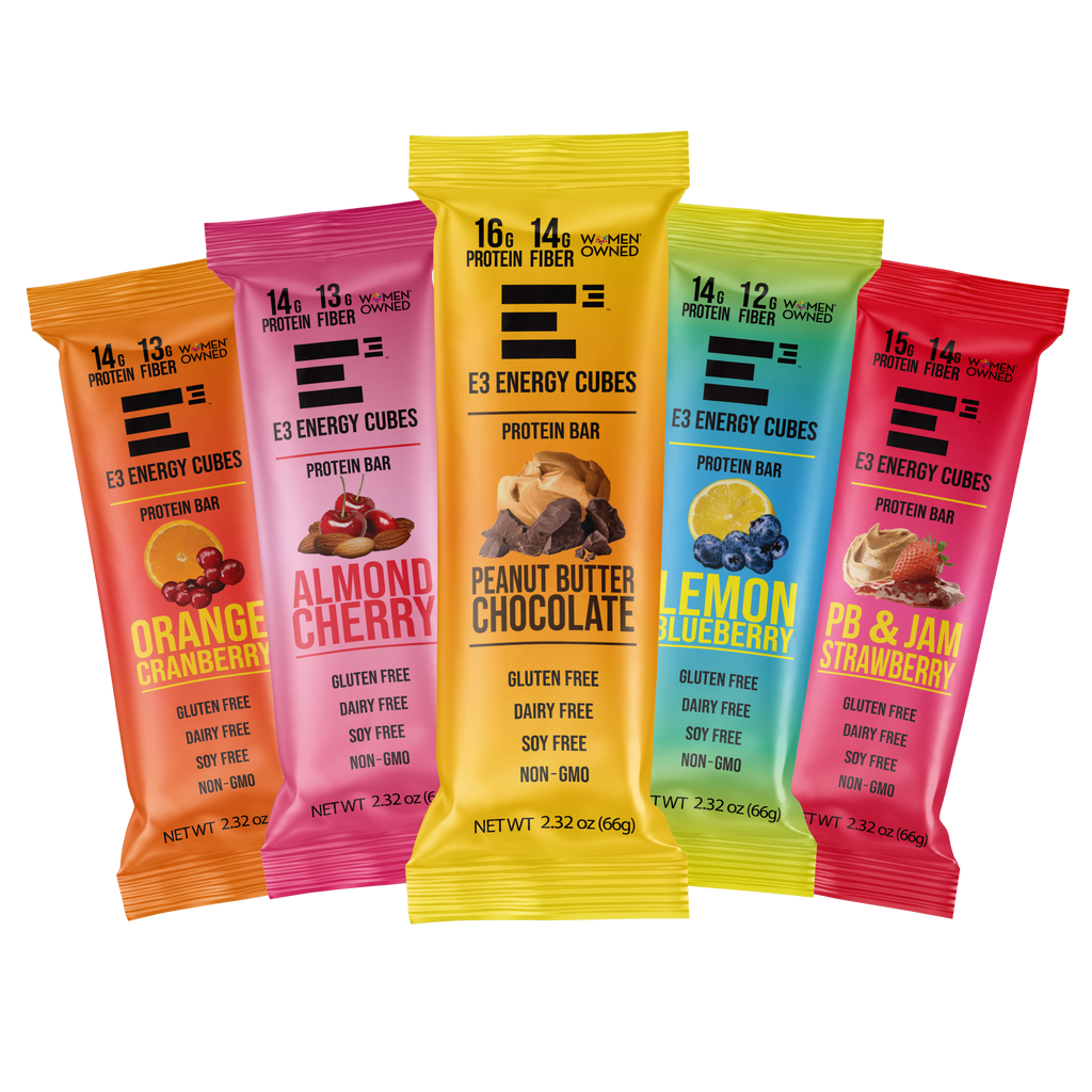 E3 Protein Gluten Free and Dairy free protein bars, all flavors variety pack, new packaging design, colored film. 
