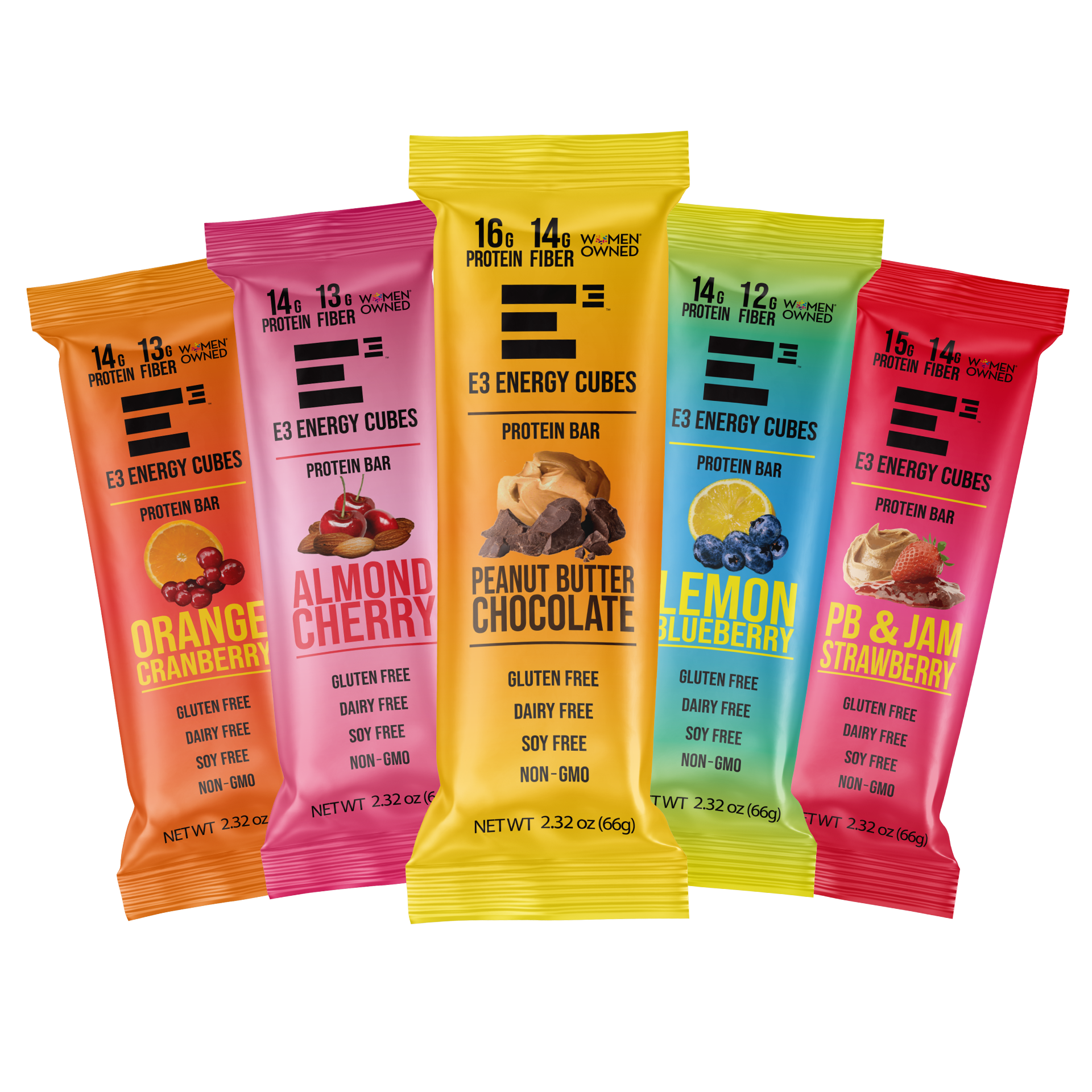 E3 Protein Gluten Free and Dairy free protein bars, all flavors variety pack, new packaging design, colored film. 