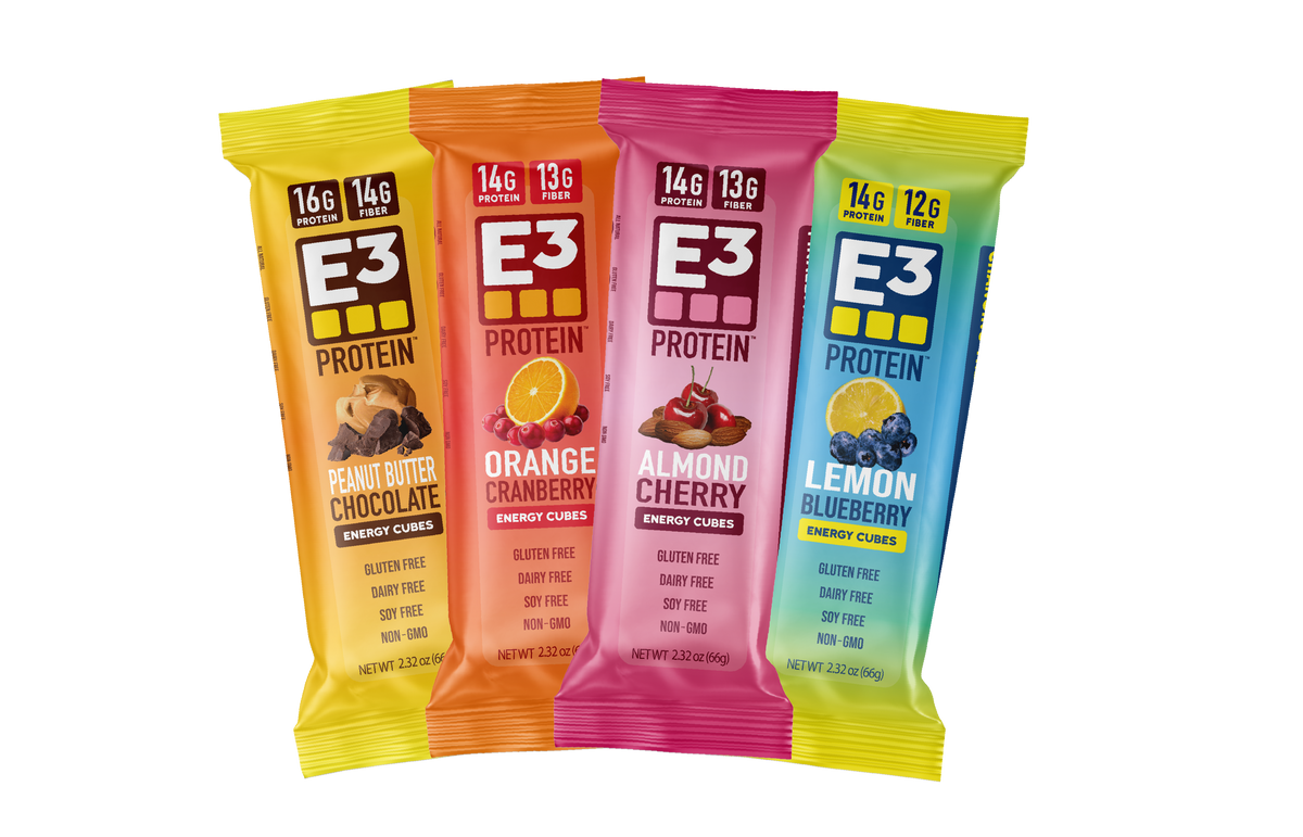 E3 Protein original flavors, left to right peanut butter chocolate, Orange cranberry,  almond cherry, and lemon blueberry.