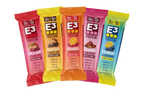 E3 Protein 5 flavor variety pack showing left to right, PB & Jam Strawberry, PB Chocolate, Orange Cranberry, Almond Cherry, and Lemon Blueberry
