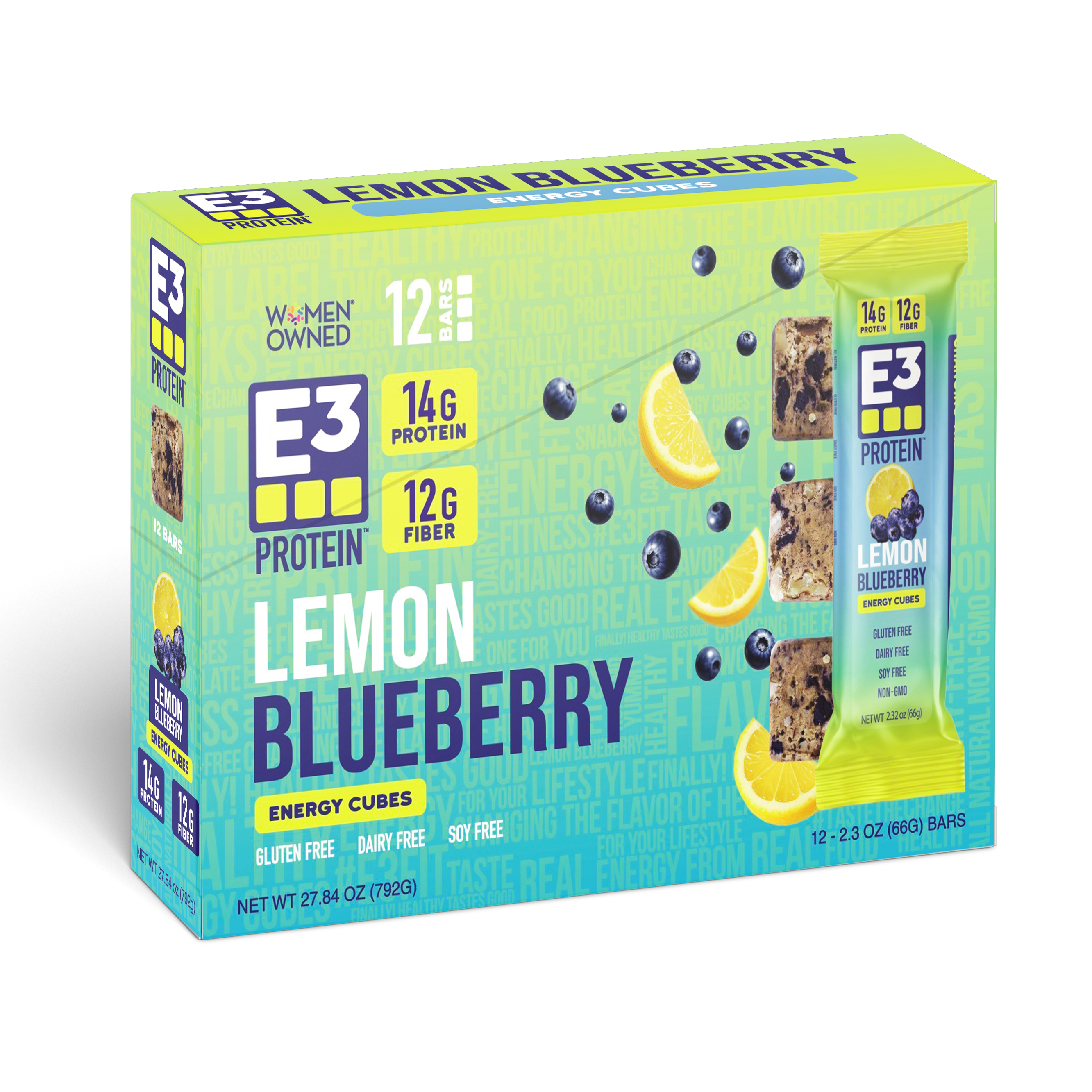Lemon Blueberry E3 Energy Cubes | High-Fiber, All-Natural Protein Bars (12 bars)