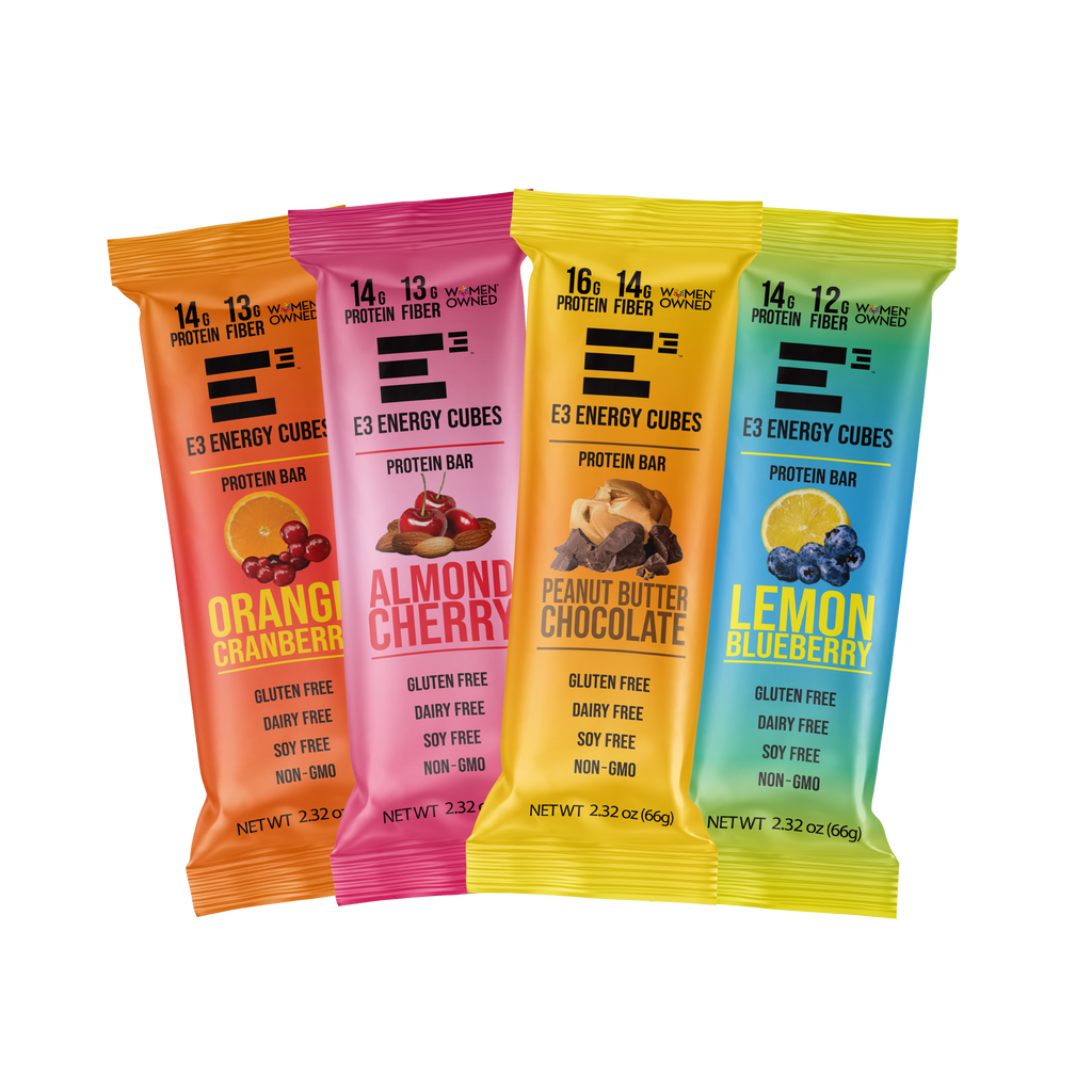 E3 Protein original flavors, peanut butter chocolate, almond cherry, lemon blueberry and orange cranberry gluten free dairy & free protein bars. 