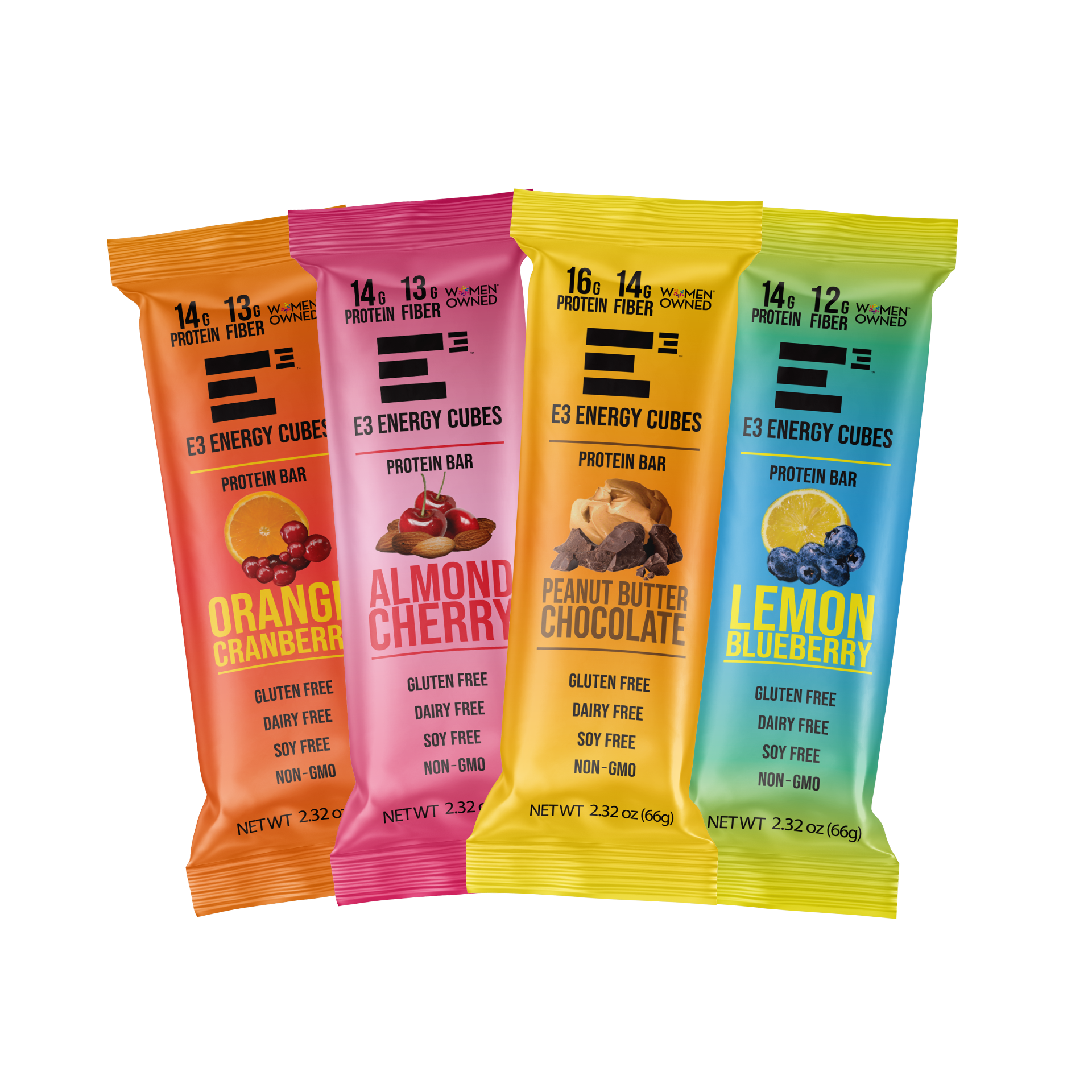 E3 Protein original flavors, peanut butter chocolate, almond cherry, lemon blueberry and orange cranberry gluten free dairy & free protein bars. 