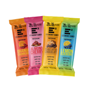 E3 Protein original flavors, peanut butter chocolate, almond cherry, lemon blueberry and orange cranberry gluten free dairy & free protein bars. 