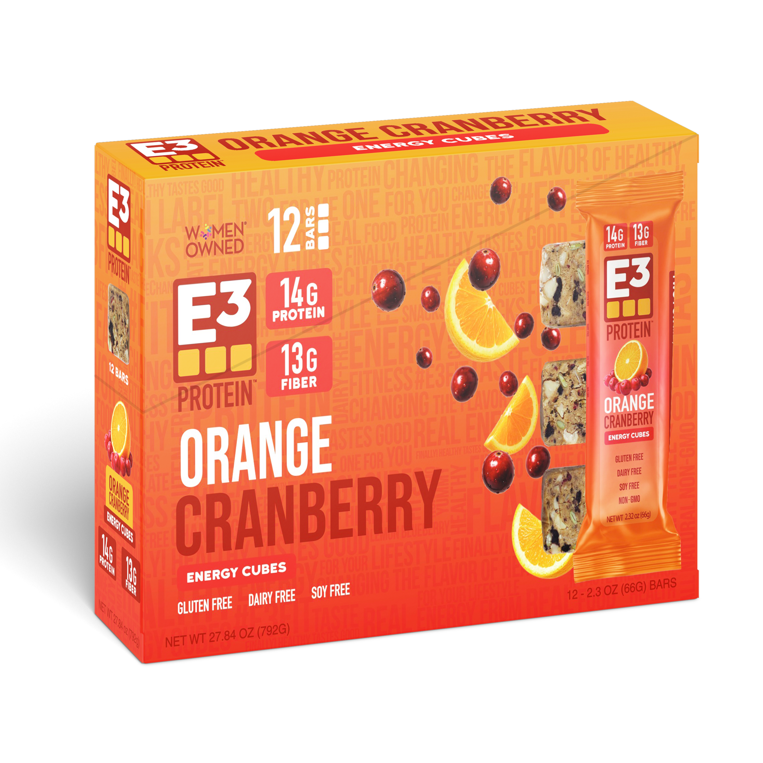 Orange Cranberry E3 Energy Cubes | High-Fiber, All-Natural Protein Bars (12 bars)