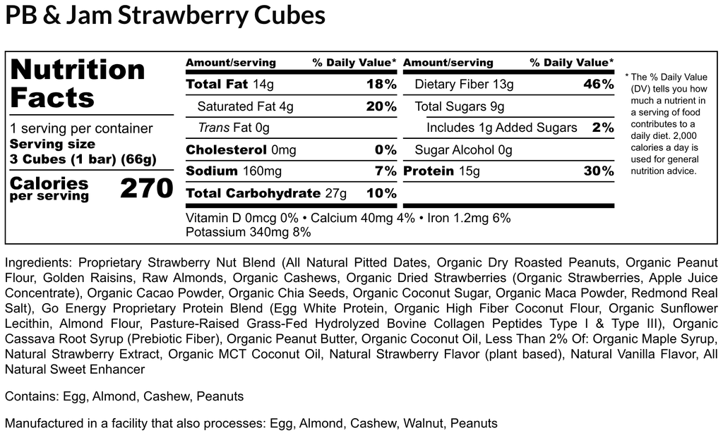 PB & Jam Strawberry E3 Energy Cubes | High-Fiber, All-Natural Protein Bars (12 bars)