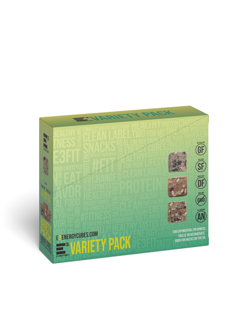 green and yellow variety pack box e3 protein bars, mixed variety pack of 12 