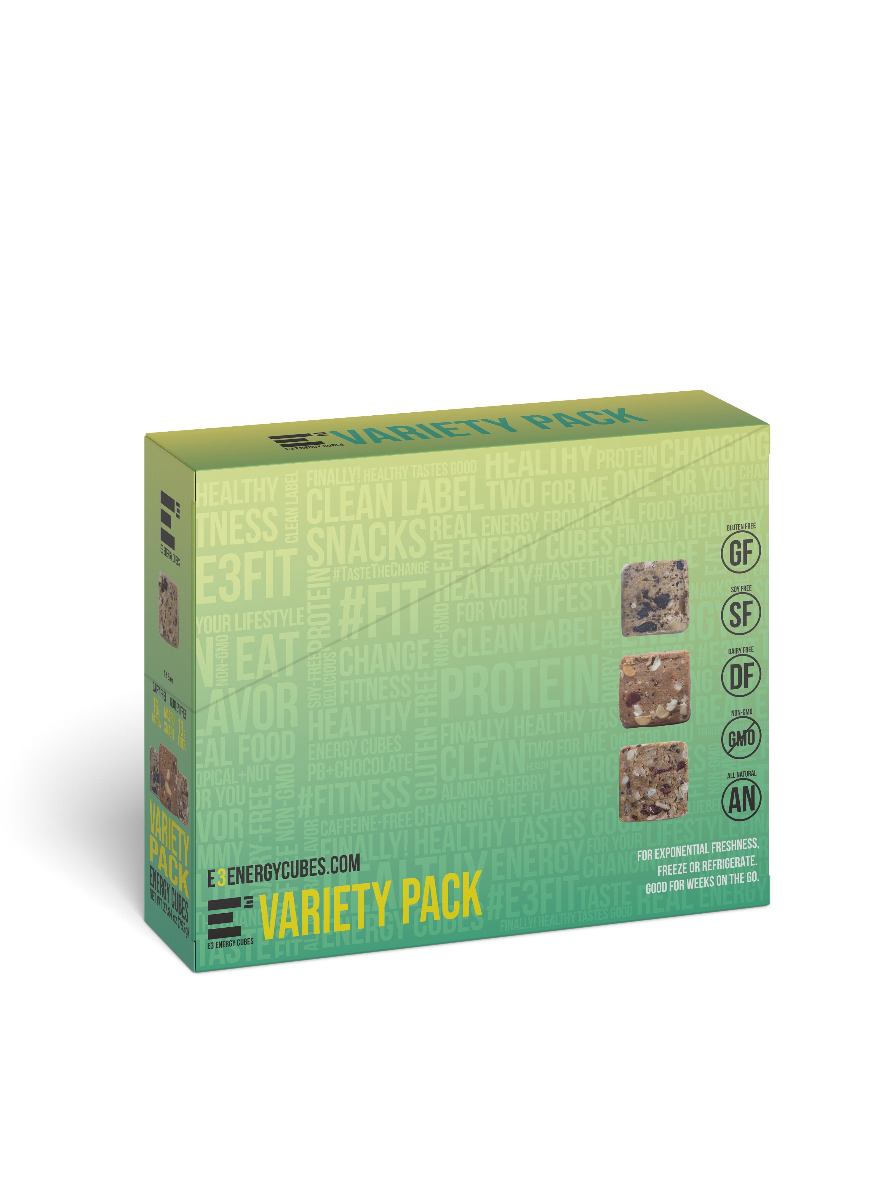 green and yellow variety pack box e3 protein bars, mixed variety pack of 12 